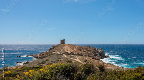 genoese tower protecting the corsican coast surronded by sea and under a large blue sky