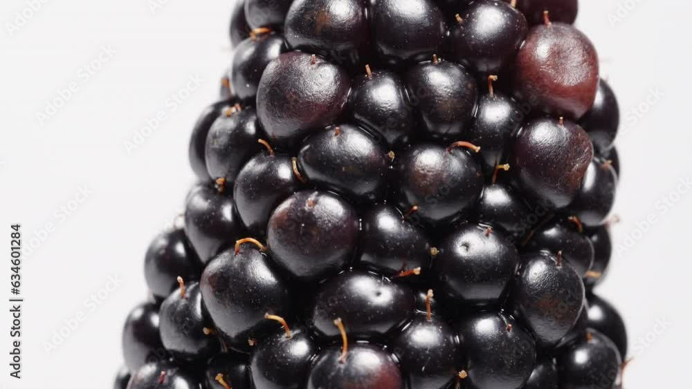 A macro view of a blackberry rotating on a white background, with its tiny hairs visible. A macro view of a blackberry rotating on a white background, with its tiny hairs visible.