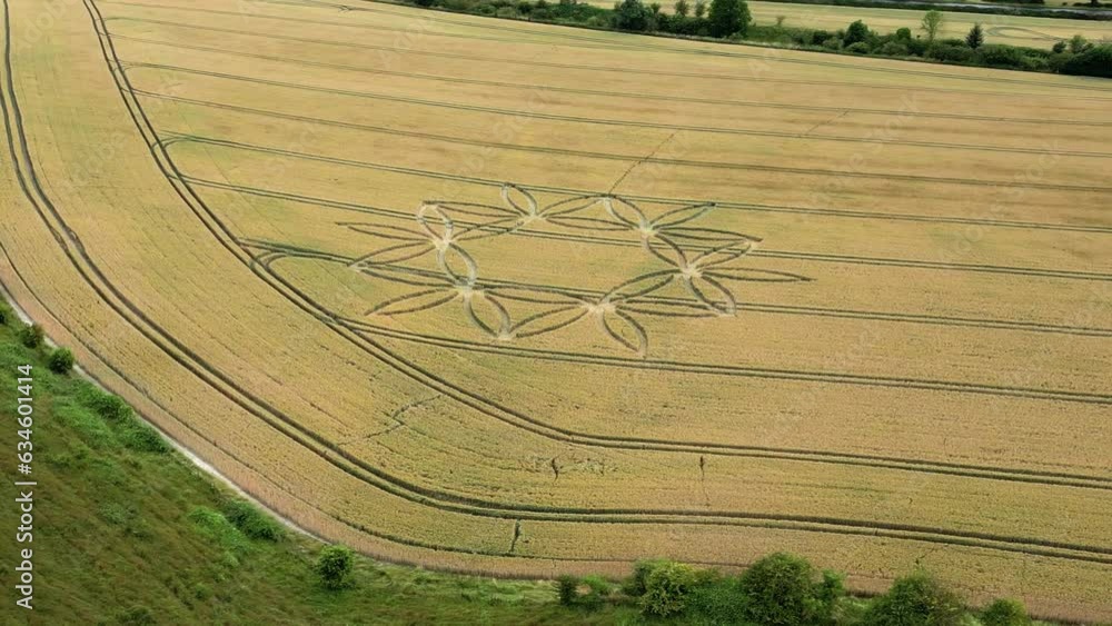 Aerial View Of Flower-shaped Crop Circles On Agricultural Farm In Warminster, England. arc shot Aerial View Of Flower-shaped Crop Circles On Agricultural Farm In Warminster, England. arc shot