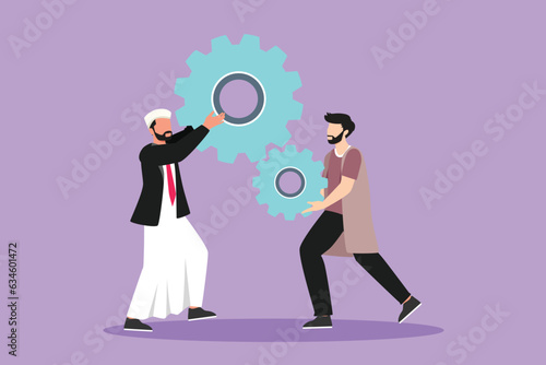 Graphic flat design drawing team of business people hold up technology gear collaboration solution. Group of Arab businessmen lifting two cogs wheel working together. Cartoon style vector illustration