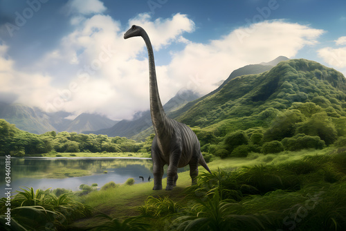 Diplodocus. Photograph of a dinosaur from the Jurassic period with a lake and mountains in the background 4