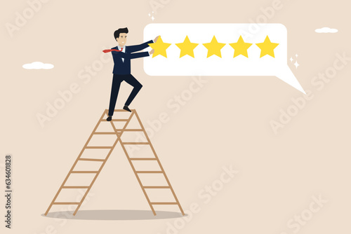 5 star award, product comment giving, best rating, good award, client give five star feedback review. Smart entrepreneur brings 5 ​​stars up the ladder.