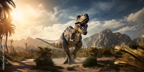 Giganotosaurus carolinii, large predatory dinosaur from the Cretaceous period with background of palm trees © David Costa Art