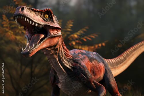 Velociraptor from the Cretaceous period. Fast dinosaur, big toothed predator with forest in background © David Costa Art