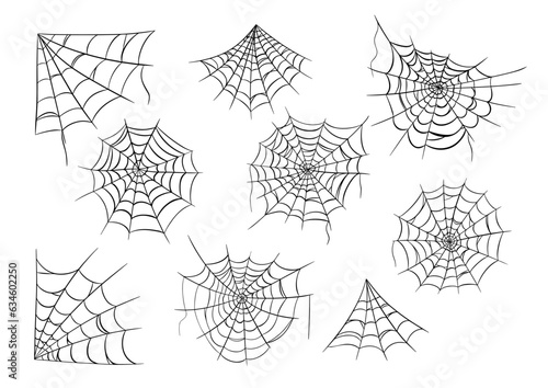 Spiderweb simple black silhouette icon set for Halloween isolated on white background. Flat style spiderweb or cobweb net symbol vector illustration. Graphic design element.