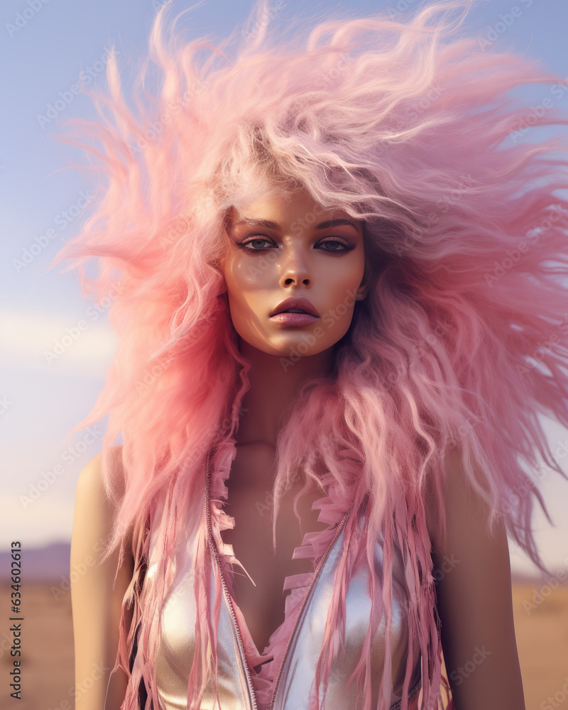 Model with pink hair in the desert