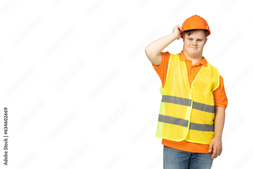 PNG,smiling young man with down syndrome in work uniform with hard hat on his head,isolated on white background PNG,smiling young man with down syndrome in work uniform with hard hat on his head,isolated on white background