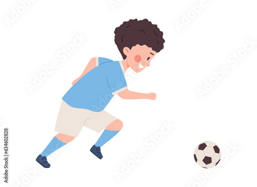 Boy running and kicking ball, child soccer player, flat vector illustration isolated on white background.