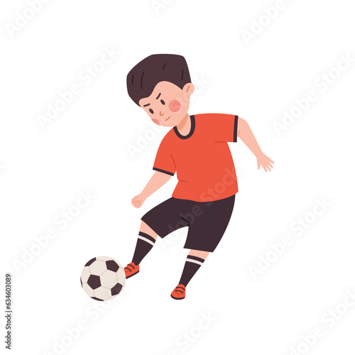 Boy kicking ball during football game, flat vector illustration isolated on white background.