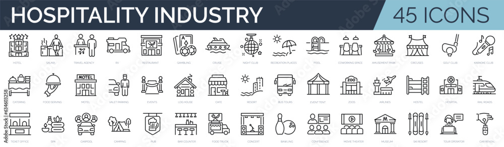 Set of 45 outline icons related to hospitality industry. Linear icon collection. Editable stroke. Vector illustration