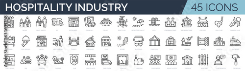 Set of 45 outline icons related to hospitality industry. Linear icon collection. Editable stroke. Vector illustration