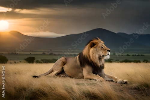 African wildlife as a confident lion surveys its domain