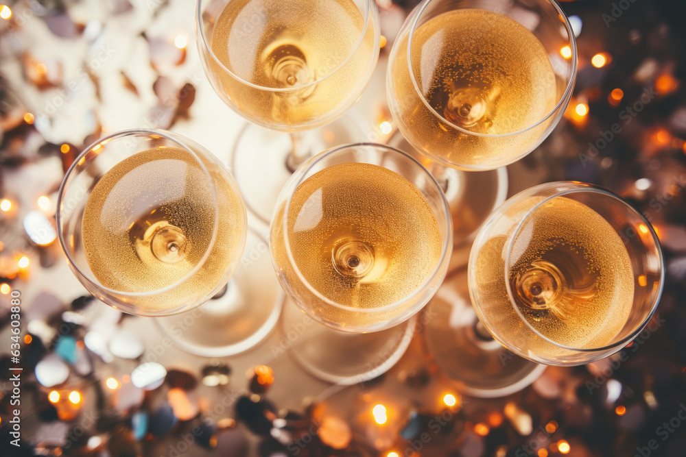 Top view white wine in glasses of wine, stemmed glass on table. Holiday, birthday concept. New year and christmas day party, celebration time, sparkling wine drink, shiny decor Top view white wine in glasses of wine, stemmed glass on table. Holiday, birthday concept. New year and christmas day party, celebration time, sparkling wine drink, shiny decor