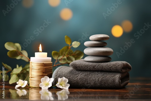 Spa still life with stack of pebbles and burning candle. Spa Concept. Spa Beauty Treatments. Copy Space.