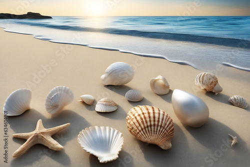 Assorted seashell on the beach with sunrise view.