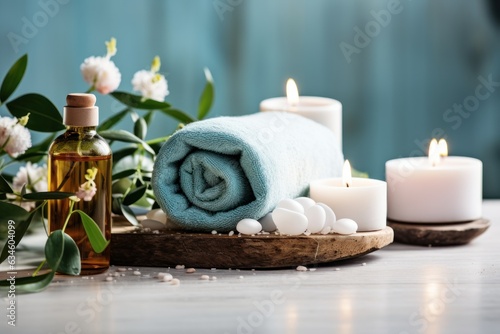 Spa still life with towels  candles and sea salt on wooden table. Spa Concept. Spa Beauty Treatments. Copy Space.