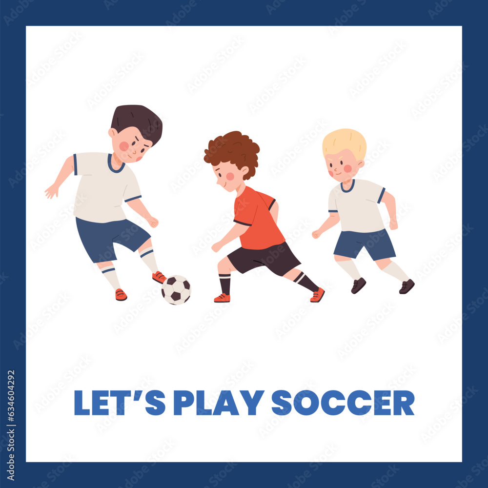 Children playing soccer, poster with text, flat vector illustration.