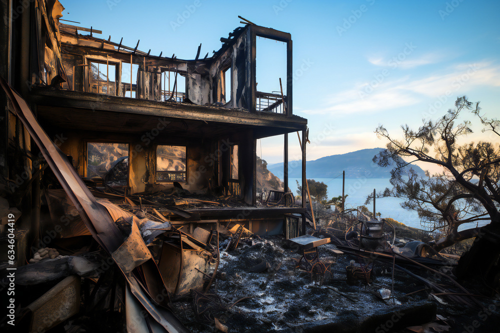 Abandoned burned house after wildfire inferno, damage, loss, burned, total loss