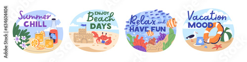 Summer holiday vibe, beach vacation mood, stickers with phrases set. Sea resort chill, underwater, lemonade, toys in tropical travel, trip. Flat vector illustrations isolated on white background