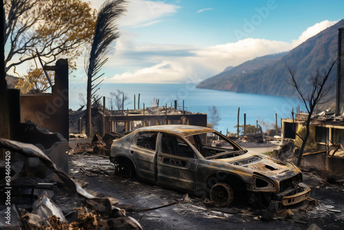 Abandoned car in town after wildfire inferno, damage, loss, burned, total loss