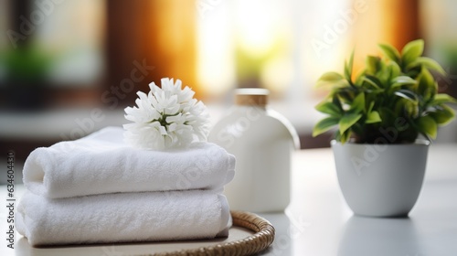 Spa still life with towels and flower on the table in the room. Spa Concept. Spa Beauty Treatments. Copy Space.