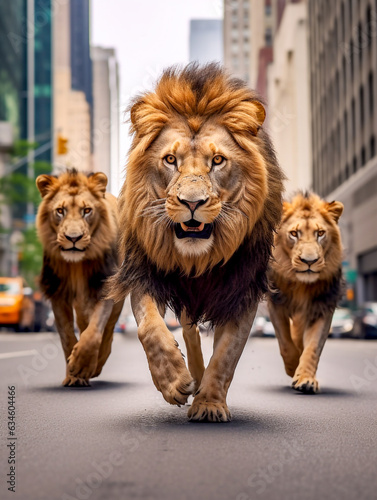Lions stroll undisturbed through the streets of the city