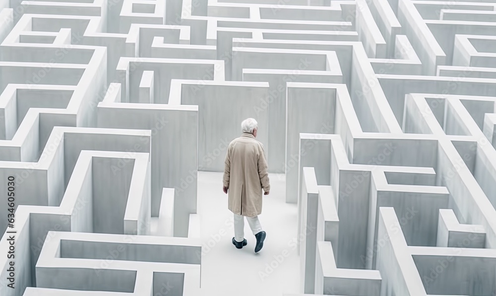 Businessman walking in maze cement to find way out Businessman walking in maze cement to find way out