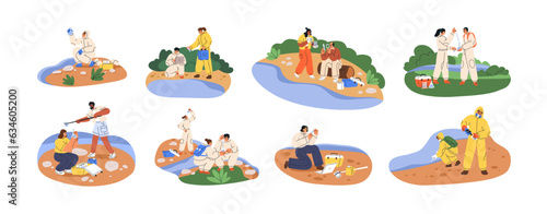 Scientists take water samples for science research, quality test. Biologist, ecologist during river, lake, sea, nature pollution analysis. Flat graphic vector illustration isolated on white background