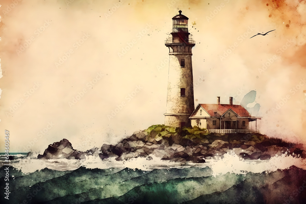 Sea direction. Lighthouse illustration. Graphic painting. Watercolor picture of tower with living house on coast in brown green blurred sketch design.