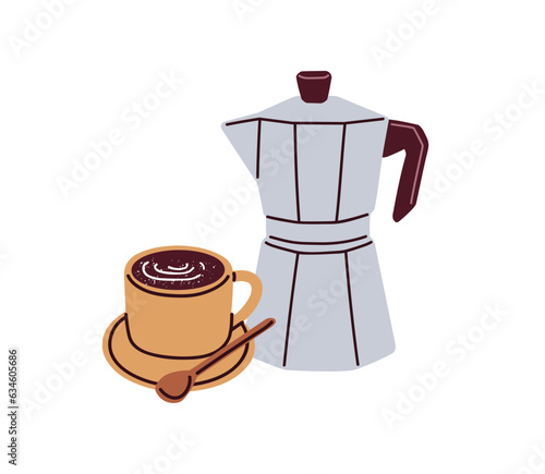 Coffee cup brewed in moka pot, metal coffeemaker. Fresh caffeine drink made in stovetop kettle. Morning beverage, espresso coffe. Flat vector illustration isolated on white background