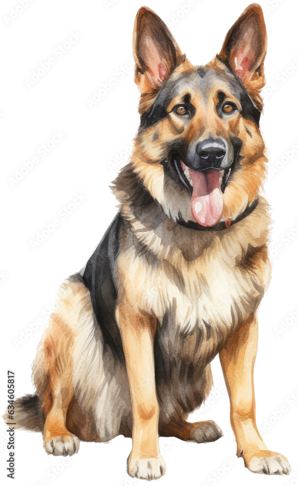 Watercolour illustration of a happy sitting german shepherd dog isolated on a white background as transparent PNG