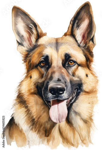 Watercolour illustration of a happy german shepherd dog portrait isolated on a white background as transparent PNG