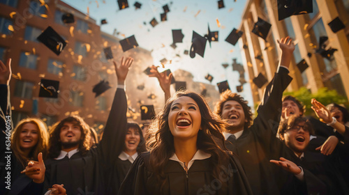 A wide shot captures jubilant graduates celebrating their achievements, with an uplifting camera angle, candid documentary style, vibrant tones, and natural light.