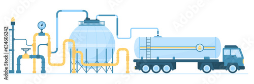 Gas industry, system with storage and transportation of natural liquefied gas vector illustration. Cartoon industrial plant with tank and pipe under pressure, valve and flame on tower, delivery truck