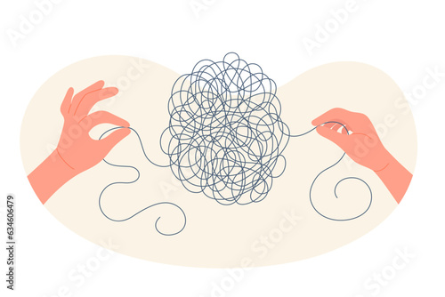 Mental health, coaching, psychology therapy to care mind vector illustration. Cartoon isolated hands of coach unravel tangled knot of string, bring order to chaos and clutter on psychotherapy session