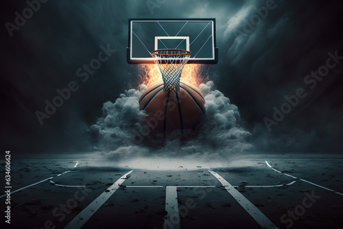 League basketball. Advertising poster. Graphic art. Creative illustration championship presentation ball explosion clouds under ring hoop on black background. © Larisa