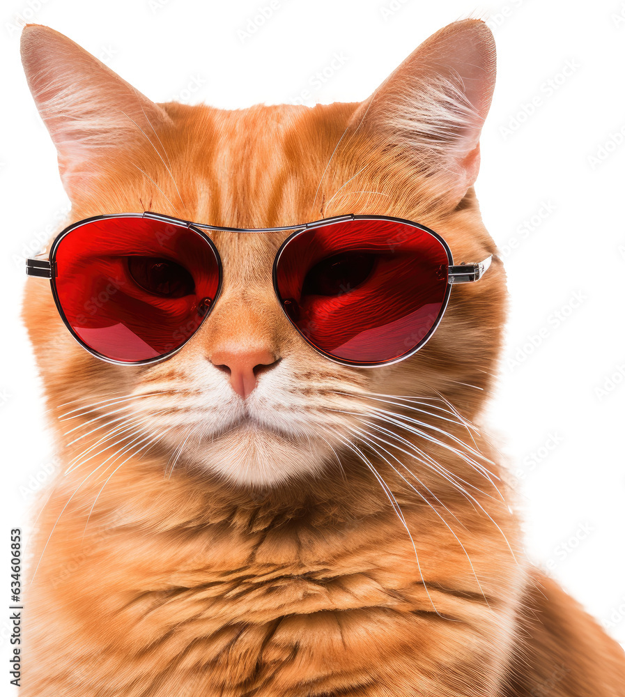 Portrait of a cat with red fur wearing sunglasses isolated on a white background as transparent PNG, animal