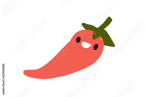 Cute chili pepper character. Happy hot spicy vegetable with funny smiling face expression. Kawaii food emoji, emotion. Comic childish kids flat vector illustration isolated on white background