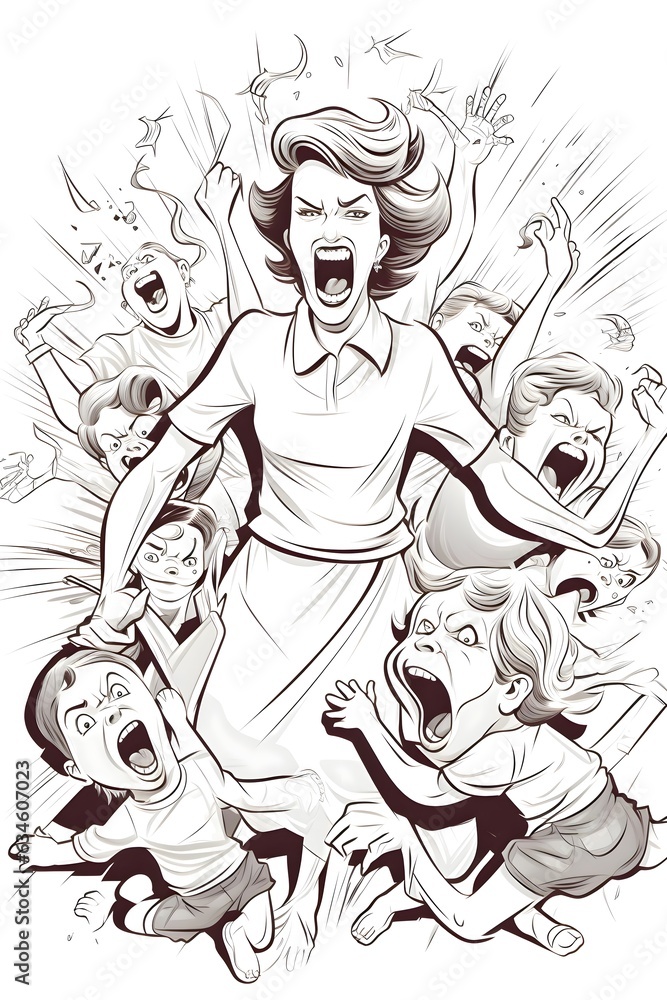 Angry mon with noisy kids coloring page Angry mon with noisy kids coloring page