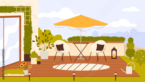 Rooftop terrace with cozy furniture and green plants vector illustration. Cartoon wooden balcony table and umbrella, houseplants and cozy chairs with pillows, hygge outdoor lounge and patio in summer