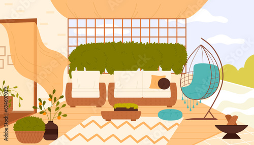 Modern rooftop terrace with green plants and furniture vector illustration. Cartoon veranda or home balcony interior design in eco style, wooden decoration, cozy sofa and chairs at top of roof