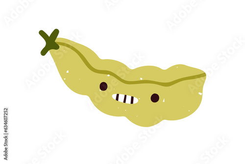 Cute funny peas pod. Vegetable food character with grimacing face, clenched teeth, disgusted embarrassed emotion, feeling, angry expression. Flat vector illustration isolated on white background