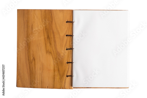 White paper notebook with woonden cover isolate photo