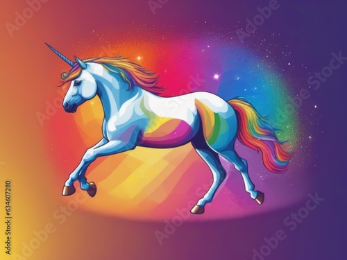 Painting of an unicorn with rainbow in background