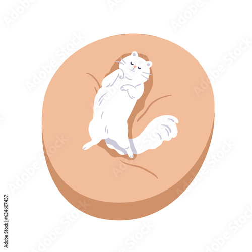 Cute cat sleeping in pet bed, top view. Adorable happy kitty dreaming on feline cushion. Sweet home pussy belly up, lying on soft pillow. Flat graphic vector illustration isolated on white background