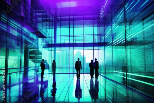 Long exposure shot of modern office lobby with business people