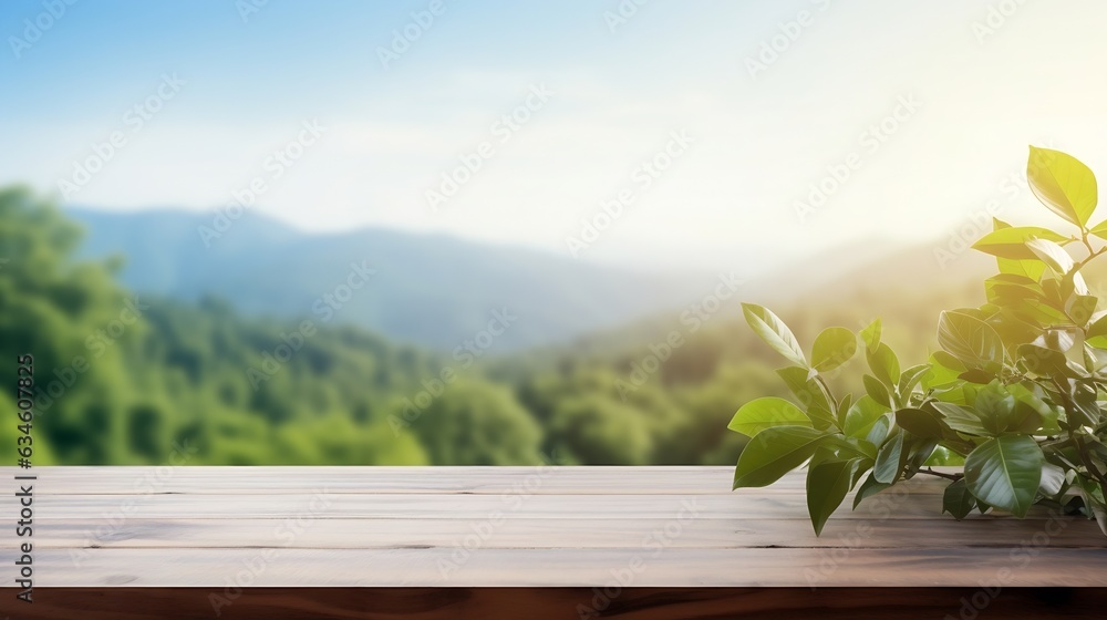 Generative AI : table background of free space for your decoration and blurred landscape of mountains.Blue sky with sun light and green small leaves.