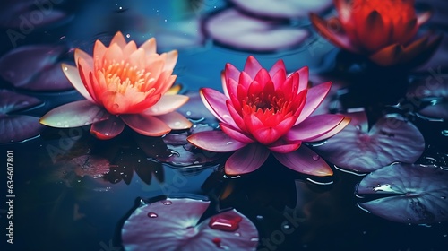 Generative AI : red lotus water lily blooming on water surface and dark blue leaves toned, purity nature background, aquatic plant, symbol of buddhism.