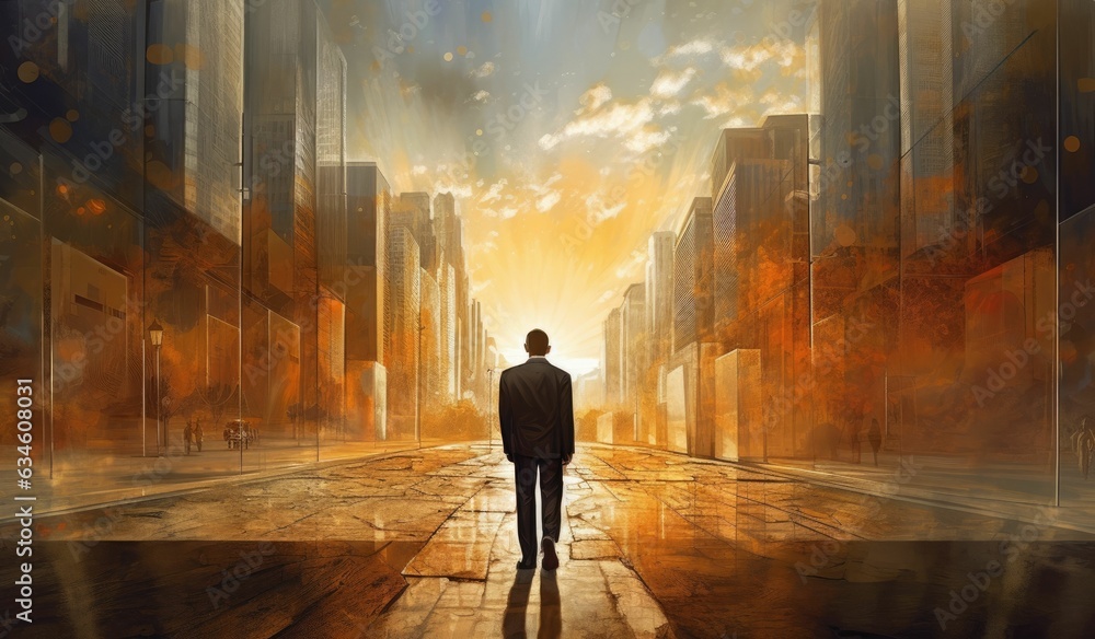 The double exposure image of the business man standing back during sunrise overlay with cityscape image