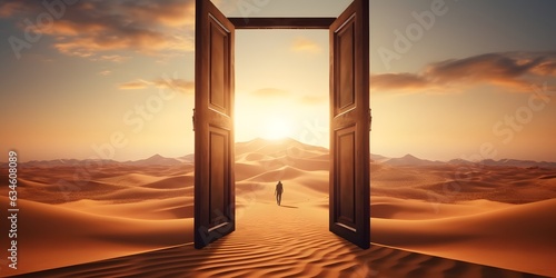 Opened door on desert. Unknown and start up concept. AI Generative
